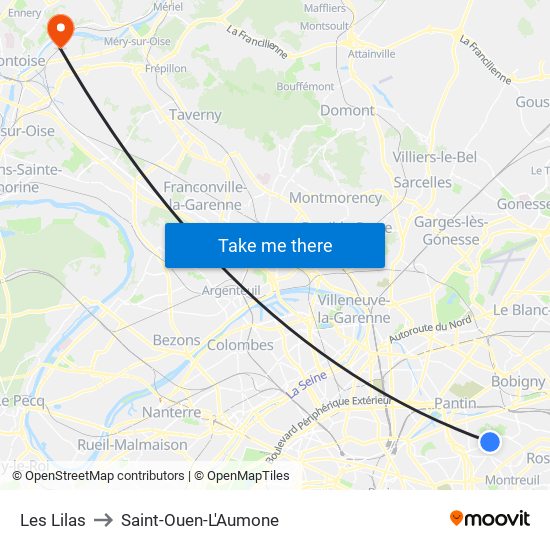 Les Lilas to Saint-Ouen-L'Aumone map