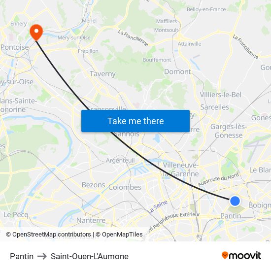 Pantin to Saint-Ouen-L'Aumone map