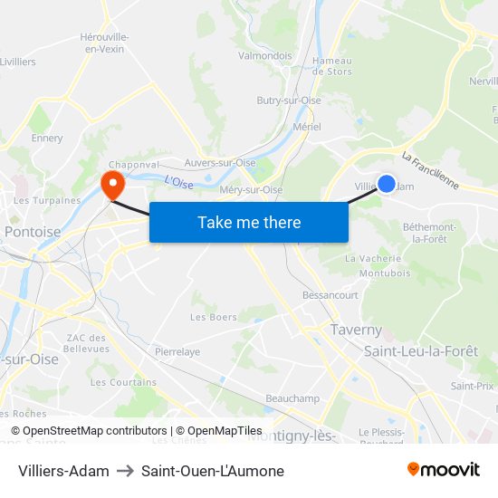 Villiers-Adam to Saint-Ouen-L'Aumone map