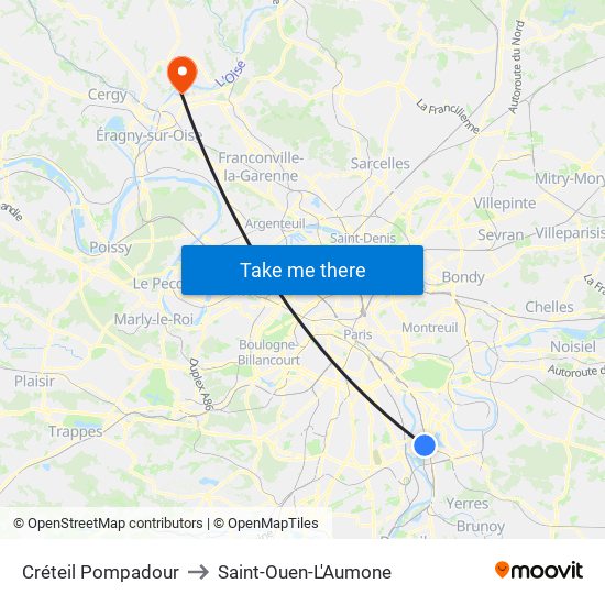 Créteil Pompadour to Saint-Ouen-L'Aumone map