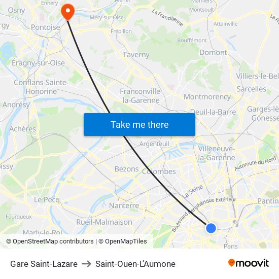 Gare Saint-Lazare to Saint-Ouen-L'Aumone map