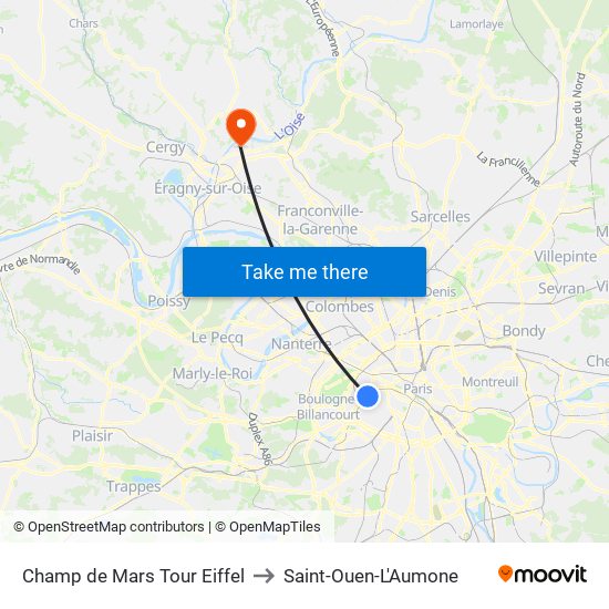 Champ de Mars Tour Eiffel to Saint-Ouen-L'Aumone map