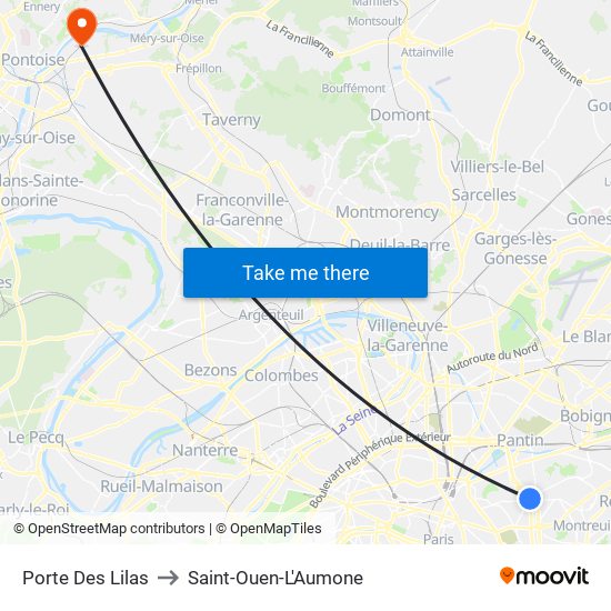 Porte Des Lilas to Saint-Ouen-L'Aumone map