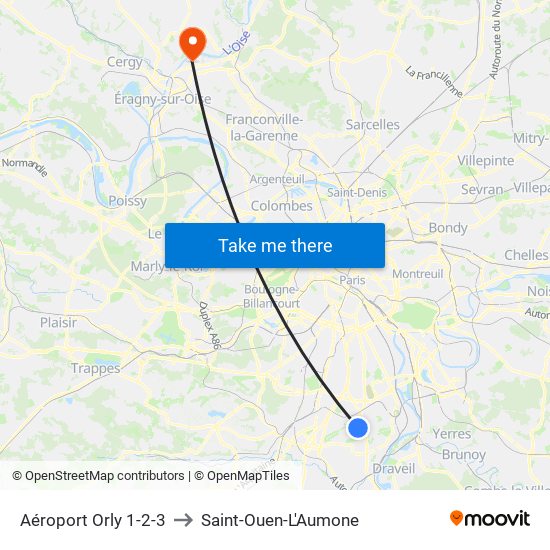 Aéroport Orly 1-2-3 to Saint-Ouen-L'Aumone map