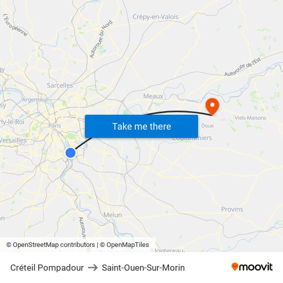 Créteil Pompadour to Saint-Ouen-Sur-Morin map