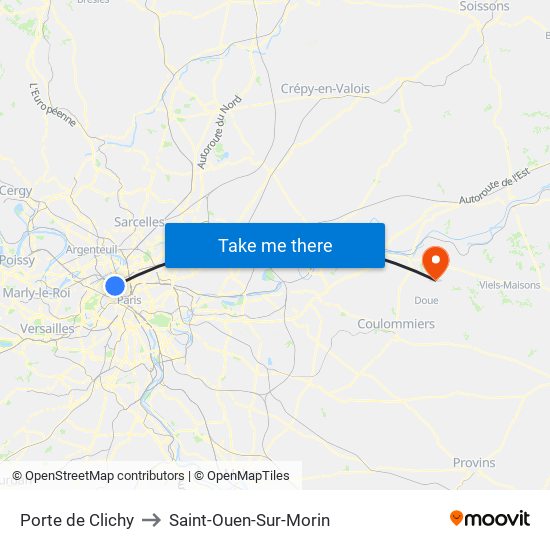 Porte de Clichy to Saint-Ouen-Sur-Morin map
