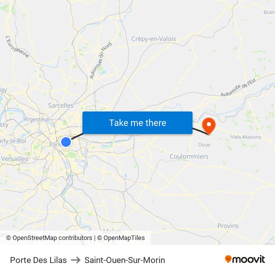 Porte Des Lilas to Saint-Ouen-Sur-Morin map