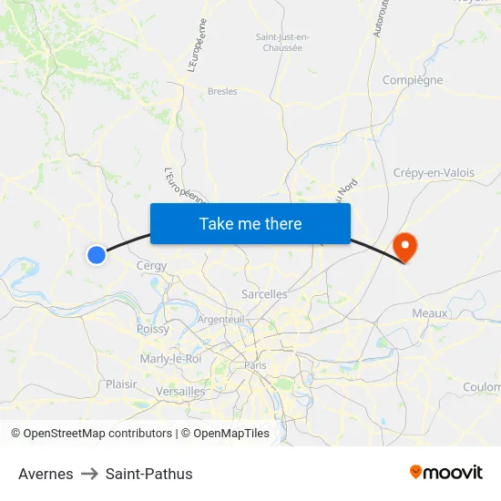 Avernes to Saint-Pathus map