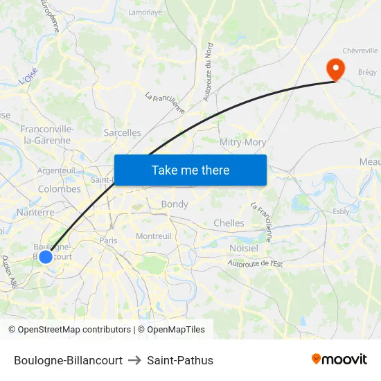 Boulogne-Billancourt to Saint-Pathus map