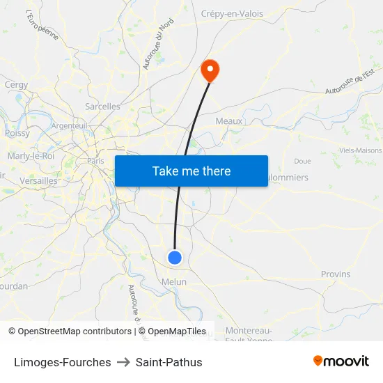 Limoges-Fourches to Saint-Pathus map