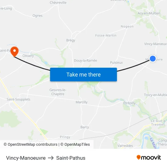 Vincy-Manoeuvre to Saint-Pathus map