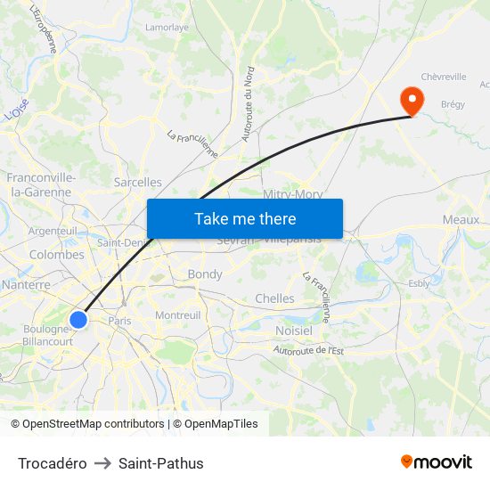 Trocadéro to Saint-Pathus map