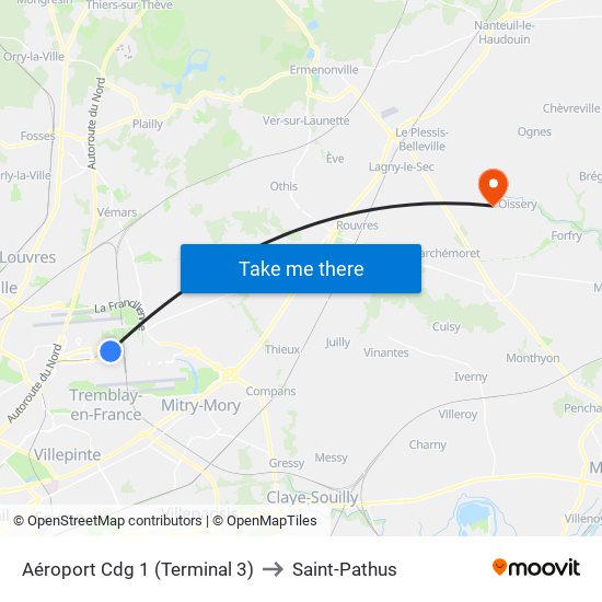 Aéroport Cdg 1 (Terminal 3) to Saint-Pathus map