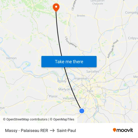 Massy - Palaiseau RER to Saint-Paul map