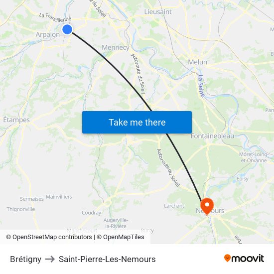 Brétigny to Saint-Pierre-Les-Nemours map