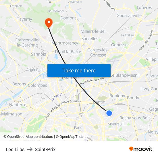 Les Lilas to Saint-Prix map