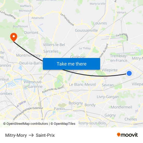 Mitry-Mory to Saint-Prix map