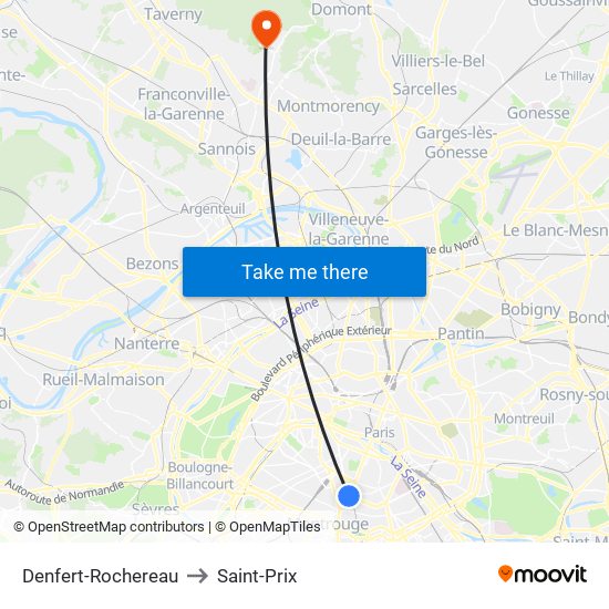 Denfert-Rochereau to Saint-Prix map