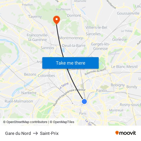 Gare du Nord to Saint-Prix map