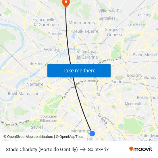 Stade Charléty (Porte de Gentilly) to Saint-Prix map
