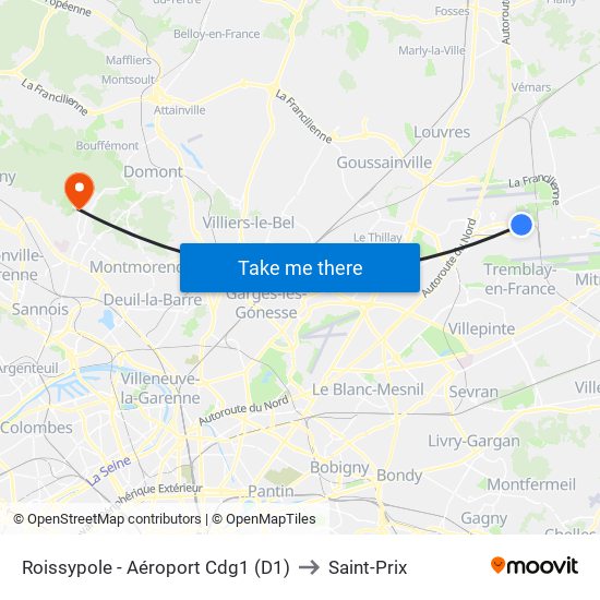 Roissypole - Aéroport Cdg1 (D1) to Saint-Prix map