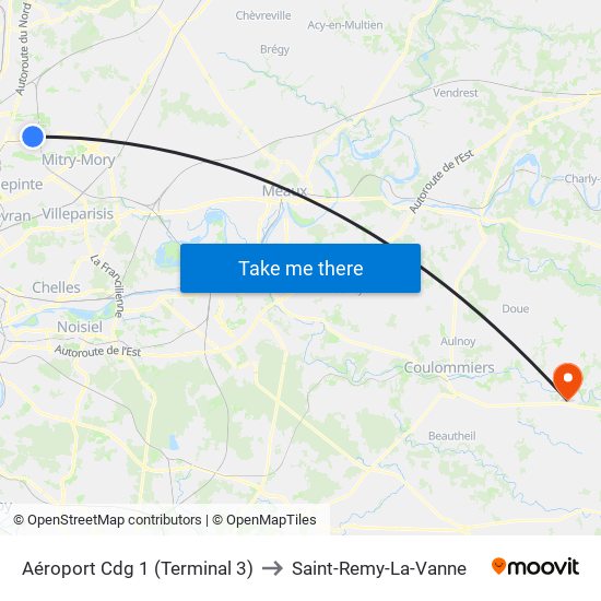 Aéroport Cdg 1 (Terminal 3) to Saint-Remy-La-Vanne map