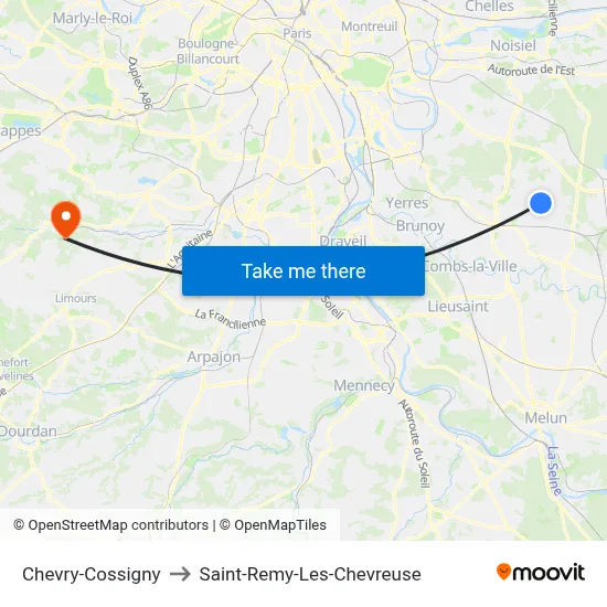 Chevry-Cossigny to Saint-Remy-Les-Chevreuse map