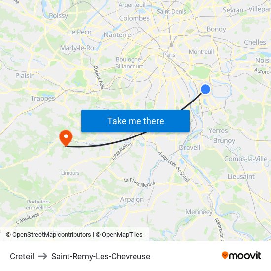 Creteil to Saint-Remy-Les-Chevreuse map