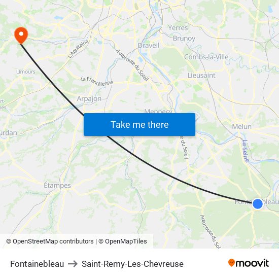 Fontainebleau to Saint-Remy-Les-Chevreuse map