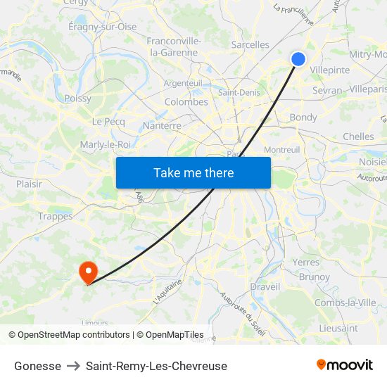 Gonesse to Saint-Remy-Les-Chevreuse map
