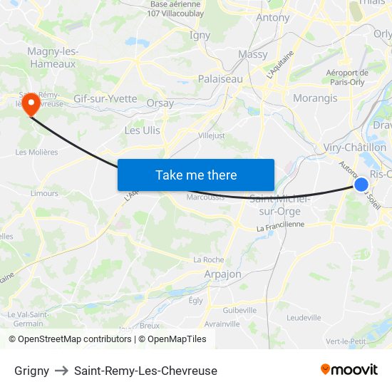 Grigny to Saint-Remy-Les-Chevreuse map