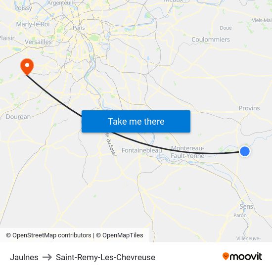 Jaulnes to Saint-Remy-Les-Chevreuse map