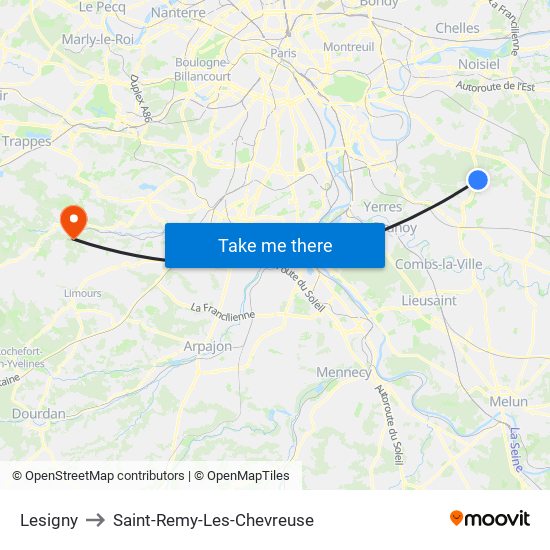 Lesigny to Saint-Remy-Les-Chevreuse map