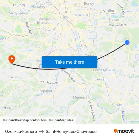 Ozoir-La-Ferriere to Saint-Remy-Les-Chevreuse map