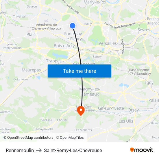 Rennemoulin to Saint-Remy-Les-Chevreuse map