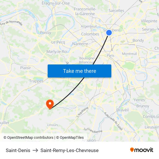 Saint-Denis to Saint-Remy-Les-Chevreuse map