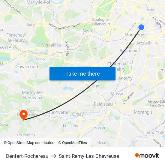 Denfert-Rochereau to Saint-Remy-Les-Chevreuse map