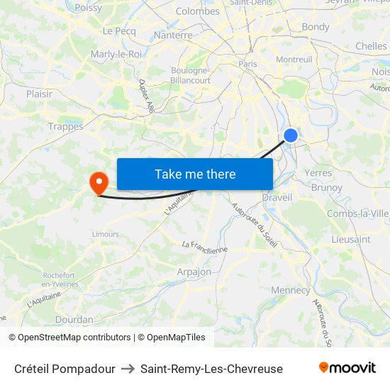 Créteil Pompadour to Saint-Remy-Les-Chevreuse map