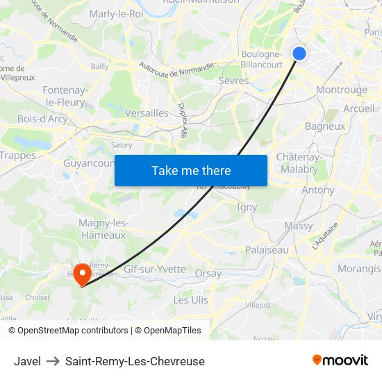 Javel to Saint-Remy-Les-Chevreuse map