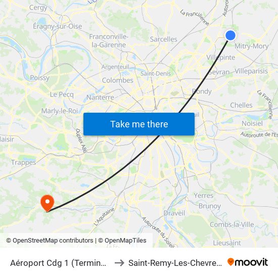 Aéroport Cdg 1 (Terminal 3) to Saint-Remy-Les-Chevreuse map