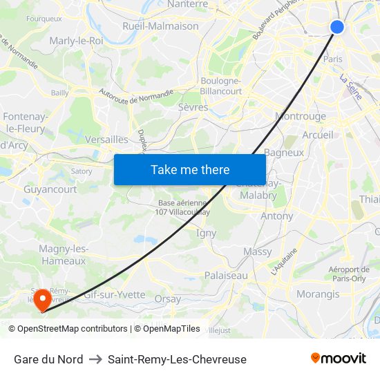 Gare du Nord to Saint-Remy-Les-Chevreuse map