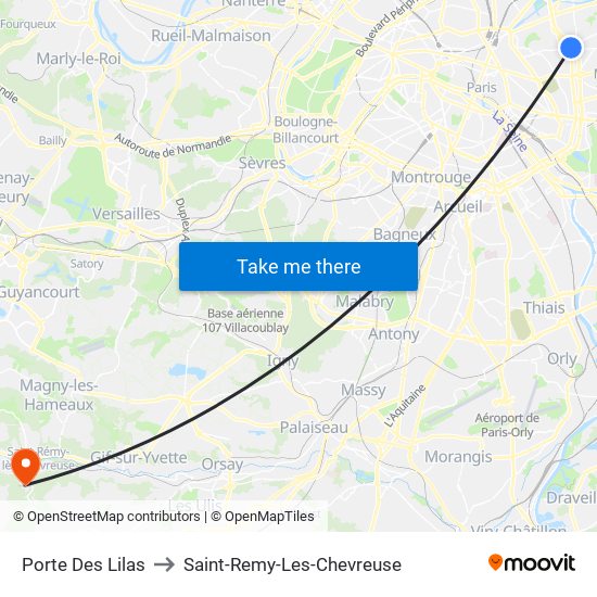 Porte Des Lilas to Saint-Remy-Les-Chevreuse map