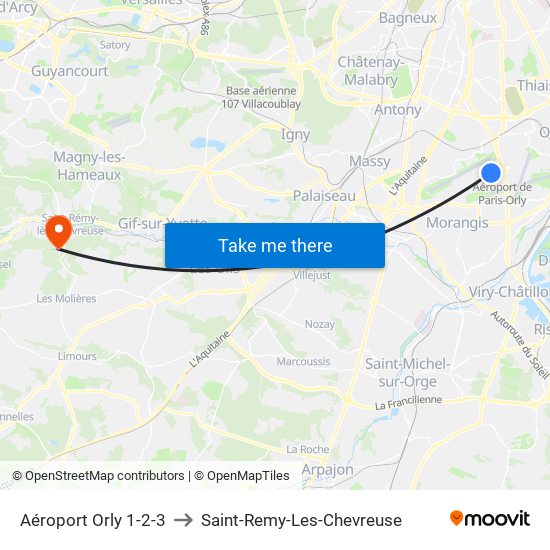 Aéroport Orly 1-2-3 to Saint-Remy-Les-Chevreuse map