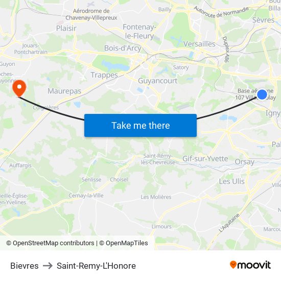 Bievres to Saint-Remy-L'Honore map