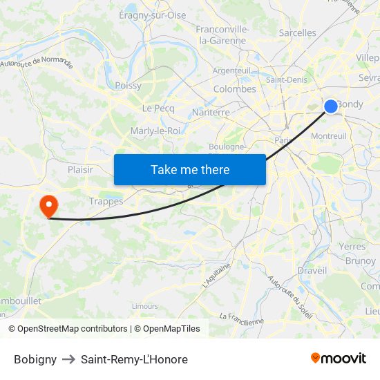 Bobigny to Saint-Remy-L'Honore map