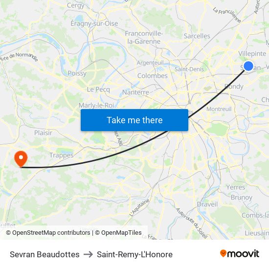 Sevran Beaudottes to Saint-Remy-L'Honore map