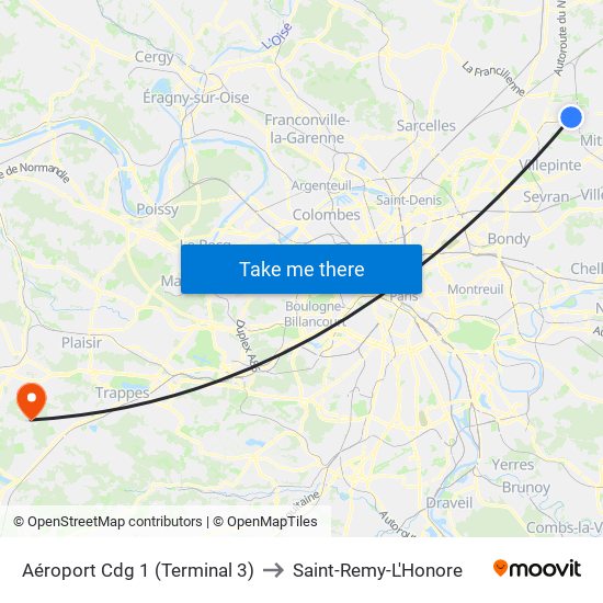 Aéroport Cdg 1 (Terminal 3) to Saint-Remy-L'Honore map