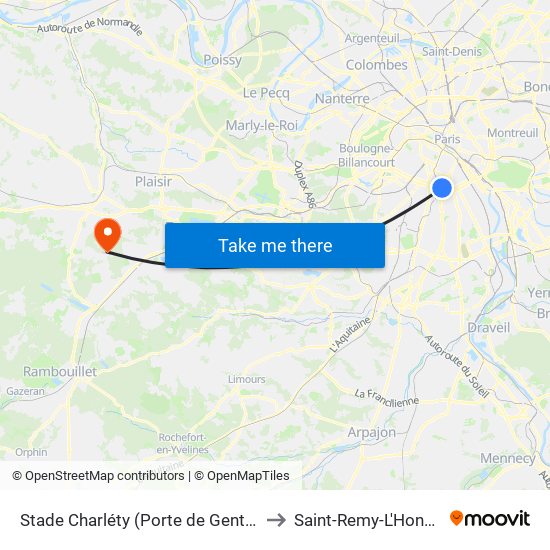 Stade Charléty (Porte de Gentilly) to Saint-Remy-L'Honore map