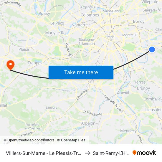 Villiers-Sur-Marne - Le Plessis-Trévise RER to Saint-Remy-L'Honore map