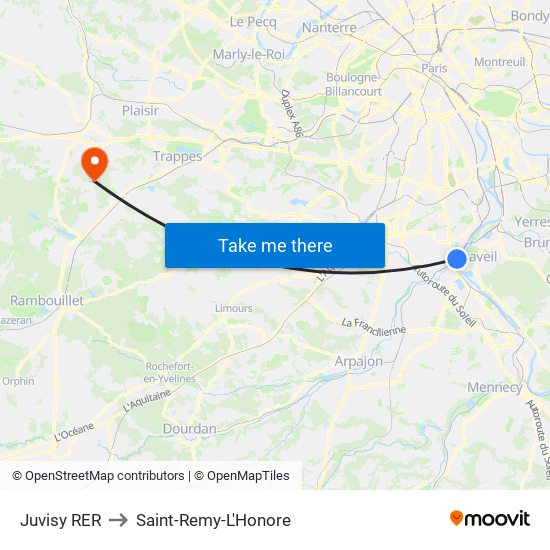 Juvisy RER to Saint-Remy-L'Honore map